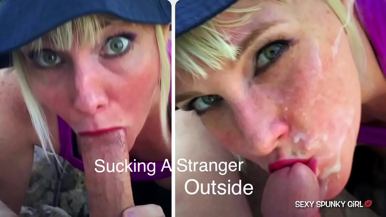 Sneaky wife caught a stranger masturbating in the park, then sucks his dick: cum on her face with cum on the street